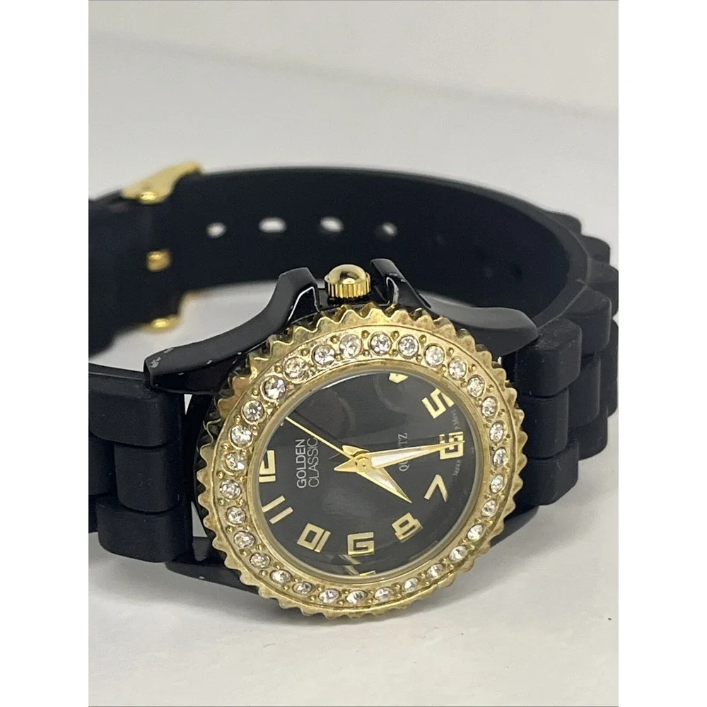 Golden Classic Women's Watch Crystal Bezel Black Silicone‎ Band- New Battery